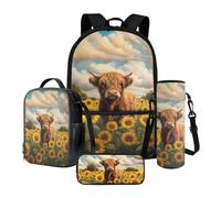Nittanovaca Set di zaini per studenti,Set di zaini leggeri per bambini,Zaino per la scuola media elementare, Girasole multicolore della mucca degli altopiani, Set di zaini per la scuola