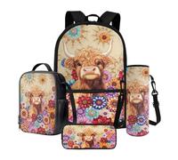 Nittanovaca Set di zaino per la scuola per bambine e ragazze, zaino e borsa per il pranzo, grande capacità, 4 in 1, set da viaggio, Mandala, fiore multicolore della mucca delle Highland, Set di zaini