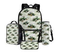 Nittanovaca Set di zaino per la scuola per bambini e ragazzi, zaino e borsa per il pranzo, grande capacità, 4 pezzi, set da viaggio, Trattore verde, Set di zaini per la scuola