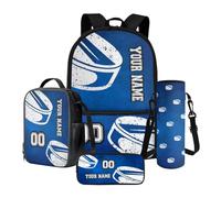 Nittanovaca Set personalizzato zaino e borsa per il pranzo, astuccio casual per la scuola per ragazzi, set zaino per la scuola media, Hockey su ghiaccio blu, Set di zaini per la scuola