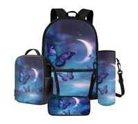 Nittanovaca Set zaino con borsa per il pranzo, borsa da scuola con astuccio e custodia per bottiglia d'acqua, zaino grande per bambini, Luna farfalla blu, Set di zaini per la scuola