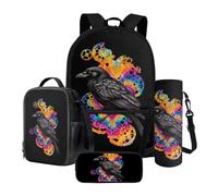 Nittanovaca Set zaino con borsa per il pranzo, borsa da scuola con astuccio e custodia per bottiglia d'acqua, zaino grande per bambini, Corvo nero, Set di zaini per la scuola