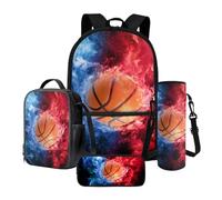 Nittanovaca Set zaino e borsa per il pranzo, astuccio per la scuola per studenti, zaino per ragazzi e custodia per bottiglia d'acqua, Pallacanestro blu e rosso fuoco, Set di zaini per la scuola