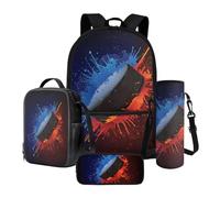 Nittanovaca Set zaino e borsa per il pranzo, astuccio per la scuola per studenti, zaino per ragazzi e custodia per bottiglia d'acqua, Inchiostro blu e rosso per hockey su ghiaccio, Set di zaini per la