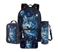 Nittanovaca Set zaino e borsa per il pranzo, borsa scolastica riutilizzabile per ragazzi e ragazze, astuccio per matite e zaino per la scuola elementare, Pianeta lupo multicolore, Set di zaini per la