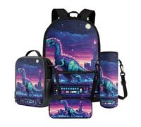 Nittanovaca Set zaino e borsa per il pranzo, borsa scolastica riutilizzabile per ragazzi e ragazze, astuccio per matite e zaino per la scuola elementare, Tirannosauro multicolore Rex, Set di zaini per