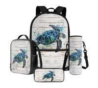 Nittanovaca Set zaino e borsa per il pranzo, borsa scolastica riutilizzabile per ragazzi e ragazze, astuccio per matite e zaino per la scuola elementare, Tartaruga beige-mare, Set di zaini per la