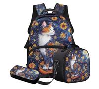 Nittanovaca Set zaino e borsa per il pranzo, set di borse da scuola leggere per bambini, zaino per studenti per la scuola primaria, Multicolore gatto Girasole Margherita, Set di zaini per la scuola