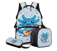 Nittanovaca Set zaino e borsa per il pranzo, set di borse da scuola leggere per bambini, zaino per studenti per la scuola primaria, Blue-axolotl Chitarra, Set di zaini per la scuola