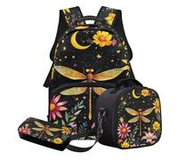 Nittanovaca Set zaino e borsa per il pranzo, set di borse da scuola leggere per bambini, zaino per studenti per la scuola primaria, Luna fiore libellula nera, Set di zaini per la scuola
