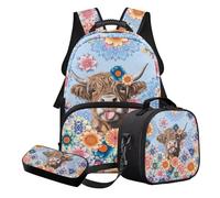 Nittanovaca Set zaino e borsa per il pranzo, set di borse da scuola leggere per bambini, zaino per studenti per la scuola primaria, Mandala, fiore multicolore della mucca delle Highland, Set di zaini