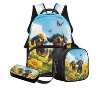 Nittanovaca Set zaino e borsa per il pranzo, set di borse da scuola leggere per bambini, zaino per studenti per la scuola primaria, Farfalla Girasole Bassotto Multicolore, Set di zaini per la scuola