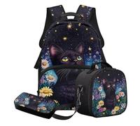 Nittanovaca Set zaino e borsa per il pranzo, set di borse da scuola leggere per bambini, zaino per studenti per la scuola primaria, Margherita Star gatto nero, Set di zaini per la scuola