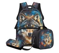 Nittanovaca Set zaino e borsa per il pranzo, set di borse da scuola leggere per bambini, zaino per studenti per la scuola primaria, Galassia lupo multicolore, Set di zaini per la scuola