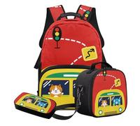 Nittanovaca Set zaino e borsa per il pranzo, set di borse da scuola leggere per bambini, zaino per studenti per la scuola primaria, Scuolabus elefante gatto rosso, Set di zaini per la scuola