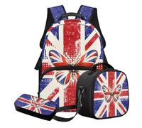 Nittanovaca Set zaino e borsa per il pranzo, set di borse da scuola leggere per bambini, zaino per studenti per la scuola primaria, Farfalla rossa e blu Union Jack, Set di zaini per la scuola