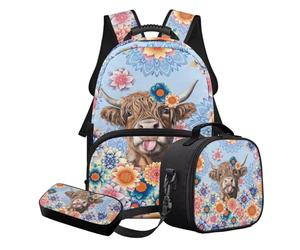 Nittanovaca Set zaino e borsa per il pranzo, set di borse da scuola leggere per bambini, zaino per studenti per la scuola primaria, Mandala, fiore multicolore della mucca delle Highland, Set di zaini