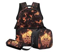 Nittanovaca Set zaino e portapranzo, borsa da scuola di grande capacità per ragazze e ragazzi, set zaino per la scuola elementare, Fuoco teschio nero, Set di zaini per la scuola