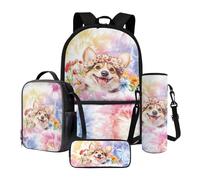 Nittanovaca Set zaino per bambini, robusto zaino per ragazzi e ragazze, set 4 in 1 per la scuola media elementare, Multicolore - Corgi Fiore, Set di zaini per la scuola