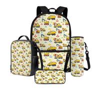 Nittanovaca Set zaino per ragazze e ragazzi, borsa per il pranzo riutilizzabile, 4 in 1, set per la scuola media, Giallo-escavatore Camion, Set di zaini per la scuola