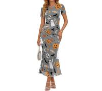 Nittanovaca Vestiti da donna in rete per Halloween, girocollo aderente maxi per feste, Grigio - Pumpkin Ghost Skull Candy, M