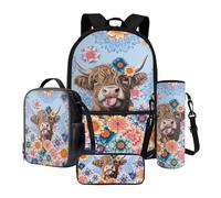 Nittanovaca Zaino con borsa per il pranzo, borsa per la scuola casual, custodia per bottiglia d'acqua per bambini, set da 4 pezzi per viaggi, Mandala, fiore multicolore della mucca delle Highland, Set