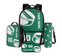 Nittanovaca Zaino con borsa per il pranzo, borsa per la scuola casual, custodia per bottiglia d'acqua per bambini, zaino personalizzato con nome, Hockey su ghiaccio verde, Set di zaini per la scuola
