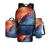 Nittanovaca Zaino da 4 pezzi con portapranzo, borsa da viaggio primaria, astuccio per matite, borsa per la scuola con custodia per bottiglia d'acqua, Fuoco Rugby blu e arancione, Set di zaini per la