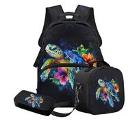 Nittanovaca Zaino da scuola casual per ragazzi e bambini, zaino con set di borsa per il pranzo, set di 3 zaini per studenti per viaggi, Ibisco tartaruga del Mar Nero, Set di zaini per la scuola