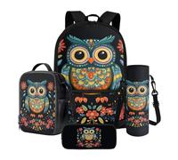 Nittanovaca Zaino per la scuola per bambini, set di 4 zaini per studenti, grande borsa per libri per la scuola elementare media, Multicolore Gufo Fiore, Set di zaini per la scuola