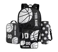 Nittanovaca Zaino per la scuola personalizzato per bambini e ragazzi, set di zaino e borsa per il pranzo, grande capacità, 4 pezzi, set da viaggio, Boho da basket nero, Set di zaini per la scuola