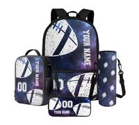 Nittanovaca Zaino per la scuola personalizzato per bambini e ragazzi, set di zaino e borsa per il pranzo, grande capacità, 4 pezzi, set da viaggio, Galassia viola-rugby, Set di zaini per la scuola