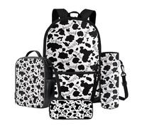 Nittanovaca Zaino per ragazzi e ragazze, zaino riutilizzabile per studenti, borsa per libri e astuccio, set da viaggio, Nota musicale mucca bianca e nera, Set di zaini per la scuola