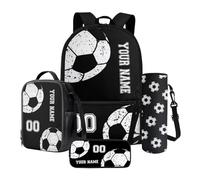 Nittanovaca Zaino personalizzato per ragazzi, zaino e borsa per il pranzo, set 4 in 1 per la scuola elementare media, Calcio nero, Set di zaini per la scuola