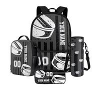 Nittanovaca Zaino personalizzato per ragazzi, zaino e borsa per il pranzo, set 4 in 1 per la scuola elementare media, Bandiera americana Hockey grigio ghiaccio, Set di zaini per la scuola