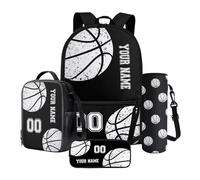 Nittanovaca Zaino personalizzato per ragazzi, zaino e borsa per il pranzo, set 4 in 1 per la scuola elementare media, Nero-basket, Set di zaini per la scuola