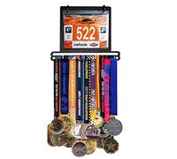 NITTEB Porta Medaglie e Pettorali da Muro in Acciaio 3mm, Espositore Nero per Maratona e Corsa, Kit con 20 Fogli Protettivi e Tasselli Fischer