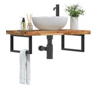 NiuBIKeLasI Scaffale per lavabo da parete, in acciaio e legno di acacia, 100 x 50 x 4 cm, nero, per bagno, WC degli ospiti, con portasciugamani