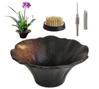 NIUKOMY Ikebana Vaso in Ceramica, Vaso per Fiori Ikebana Giapponese, Kit Composizione de Fiori in Ceramica con 4 cm Kenzan Rana e Ago per Pulizia, Nero 02