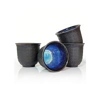NIUKOMY Set di 4 Tazze da Tè Giapponesi, Vintage Tazza da Tè Kung Fu, Cinesi Tradizionale Tazze da Senza Manico in Ceramica Piccoli, Tazzas in Rilievo Testo di Buona Fortuna160ML