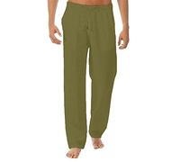 NIULI Pantaloni lunghi da uomo in lino, lisci, leggeri, con lacci, taglio largo, cotone, lino, pantaloni per il tempo libero, elastici, pantaloni da corsa, comodi, pantaloni in tessuto, verde militare