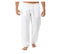 NIULI Pantaloni lunghi da uomo in lino, lisci, leggeri, con lacci, taglio largo, cotone, lino, pantaloni per il tempo libero, elastici, pantaloni da corsa, comodi, pantaloni in tessuto, Bianco, L