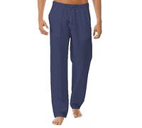 NIULI Pantaloni lunghi da uomo in lino, lisci, leggeri, con lacci, taglio largo, cotone, lino, pantaloni per il tempo libero, elastici, pantaloni da corsa, comodi, pantaloni in tessuto, Blu scuro, M