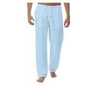 NIULI Pantaloni lunghi da uomo in lino, tinta unita, leggeri, con coulisse, vestibilità ampia, in cotone e lino, per il tempo libero, elasticizzati, pantaloni da jogging comodi, Azzurro, XXL