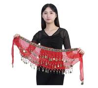 NIUSABOU Gonna da danza del ventre con foulard da fianchi, Sciarpa for danza del ventre con catena for il corpo, paillettes multicolori, nappa in chiffon diamanti 83 monete(Red)