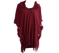 NIUSABOU Scialle-coperta, poncho e mantella, Mantello avvolgente con mantello scialle e poncho cappuccio lavorato a maglia da donna nappe asimmetriche in multicolore(Wine Red)