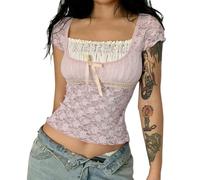 NIUVOO Top corto da donna Fairy Grunge Y2K a maniche corte in pizzo patchwork estetico t-shirt slim fit carino babydoll top tees, rosa, S