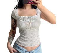 NIUVOO Top corto da donna Fairy Grunge Y2K a maniche corte in pizzo patchwork estetico t-shirt slim fit carino babydoll top tees, bianco, M