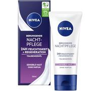 NIVEA Beruhigende Nachtpflege 24h Feuchtigkeit + Regeneration, parfumfreie Gesichtscreme für sensible Haut, zarte Nachtcreme mit Traubenkernöl