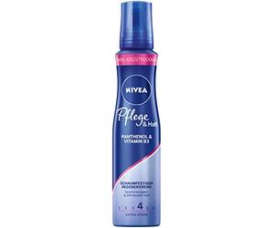 NIVEA Care & Hold, schiuma nutriente per capelli con protezione dal calore, pantenolo e vitamina B3, fermaglio per capelli per 24 ore (livello 4), mousse styling (150 ml)